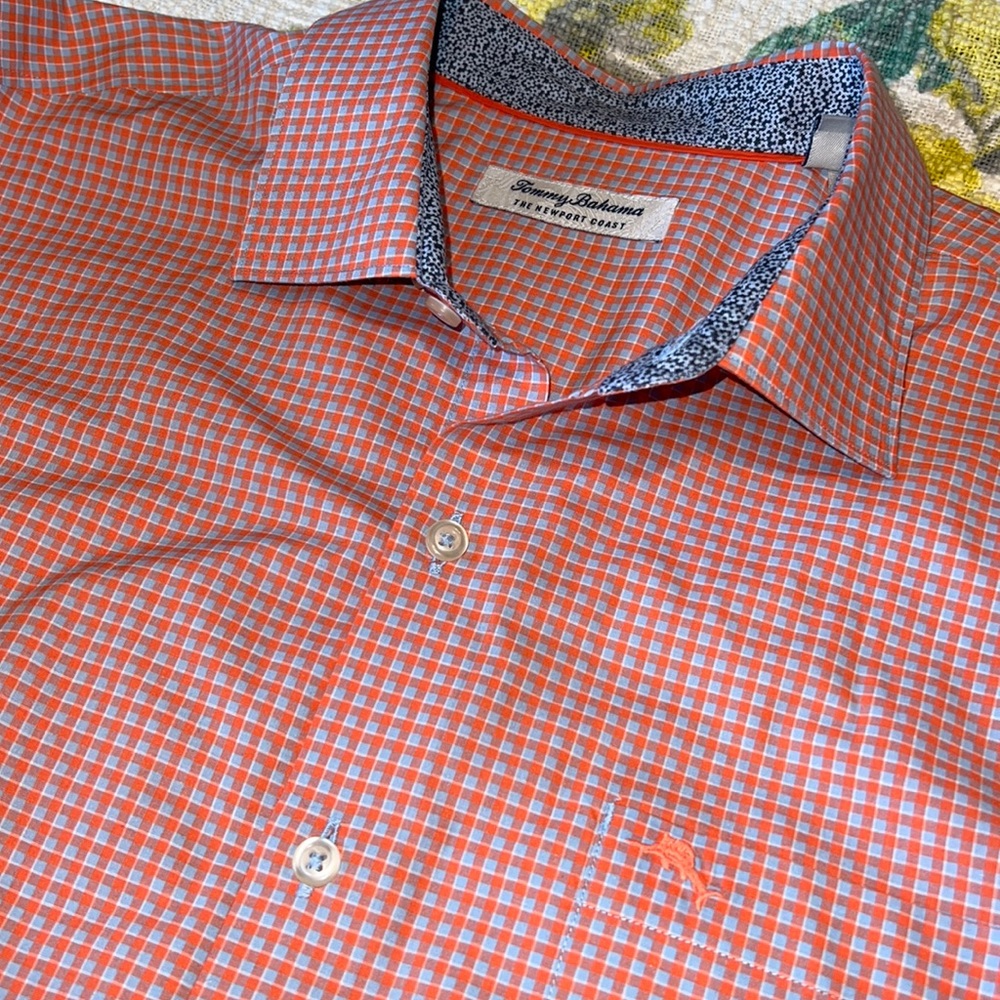 Tommy Bahama Large Orange & Blue Plaid Button Down Shirt